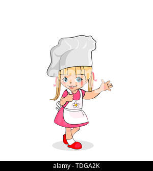 Petite fille Chef en tablier blanc et chapeau, menu enfant, caractère adorable bébé cuisine Cuiseur, blonde Enfant en robe rose isolé sur fond blanc, C Banque D'Images