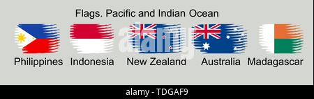 Drapeaux d'Océanie Pays de couleurs d'origine. Aux Philippines, l'Indonésie, la Nouvelle-Zélande, l'Australie, Madagascar Illustration de Vecteur