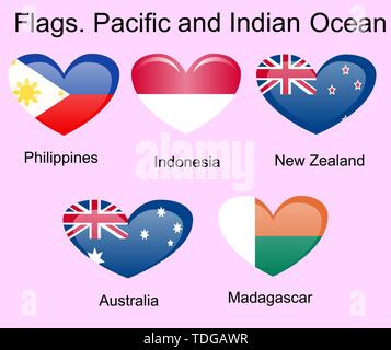 Drapeaux d'Océanie Pays de couleurs d'origine. Aux Philippines, l'Indonésie, la Nouvelle-Zélande, l'Australie, Madagascar Illustration de Vecteur
