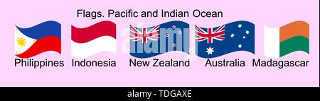 Drapeaux d'Océanie Pays de couleurs d'origine. Aux Philippines, l'Indonésie, la Nouvelle-Zélande, l'Australie, Madagascar Illustration de Vecteur
