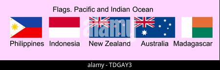 Drapeaux d'Océanie Pays de couleurs d'origine. Aux Philippines, l'Indonésie, la Nouvelle-Zélande, l'Australie, Madagascar Illustration de Vecteur