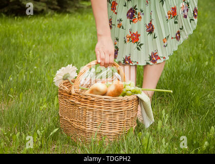 Femme dans une robe sur l'aire de pique-nique panier pique-nique tient dans une main. Banque D'Images