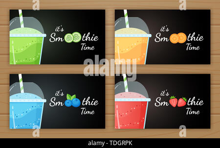 Ensemble de cocktail smoothie aux fruits illustration logo. Boire des smoothies frais avec les couches colorées en verre, matières fruits logo pour restauration rapide menu design ou bannière de désintoxication. Masque de découpe appliquée. Banque D'Images