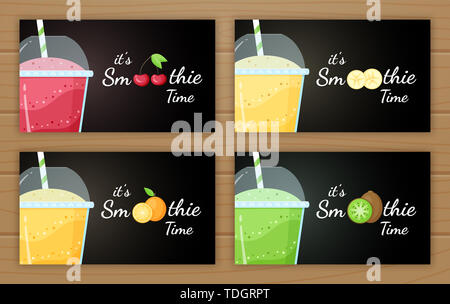 Fruit smoothie naturel logo secouer l'illustration. Ensemble de fruits savoureux, verre à couches colorées de smoothies smoothie cocktail et remise en forme de logo landing page concept. Masque de découpe appliquée. Banque D'Images