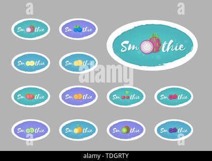 Étiquette logo Smoothie fruits ensemble illustration. Smoothie de fruits naturels avec signe à smoothies isolée ronde cocktail décoration autocollant pour emblème, offre de vente ou la publicité de l'étiquette affiche graphique Banque D'Images
