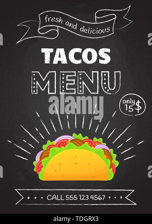 Fast food mexicain traditionnel menu tacos illustration. Craie dessiner à main vintage décoration avec de la viande de boeuf savoureux, des salades et des tomates dans de délicieux tacos taco signe avec Menu pour cafe design ou partie Banque D'Images