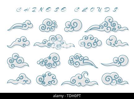 Cloud dans un style chinois. Abstract blue cloudy set isolé sur fond blanc. Vector illustration. Illustration de Vecteur