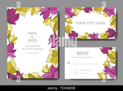 Magnolia fleurs botanique vecteur. Le violet et le jaune d'encre gravée mariage art floral fond carte bordure décorative. Je vous remercie, rsvp, invitation e Illustration de Vecteur