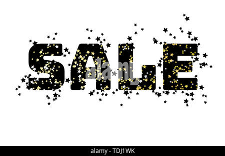 Mot vente faite avec des centaines d'or, noir et étoiles blanches sur fond blanc Banque D'Images