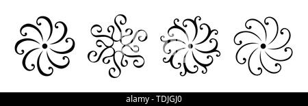 Ensemble de 4 décorations circulaire créative. Motifs décoratifs symétrique rond isolé sur fond blanc. Éléments de conception. Symboles pour votre conception. Illustration de Vecteur