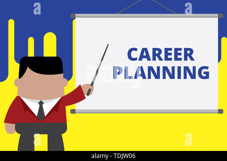 Texte de l'écriture l'écriture de la planification de carrière. Photo conceptuelle d'une liste d'objectifs et les actions que vous pouvez prendre pour les atteindre businessman standing in front Banque D'Images
