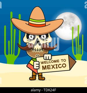 Cartoon Vector Illustration crâne mexicain pour Dia De Los Muertos . Homme mignon crâne avec moustache et chapeau Sombrero. Illustration de Vecteur