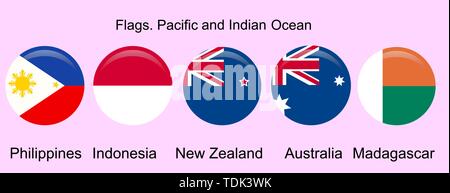 Drapeaux d'Océanie Pays de couleurs d'origine. Aux Philippines, l'Indonésie, la Nouvelle-Zélande, l'Australie, Madagascar Illustration de Vecteur