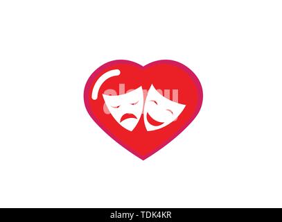 Masques de théâtre un double face à deux visages heureux et triste pour logo design illustration en forme de coeur love icon Illustration de Vecteur