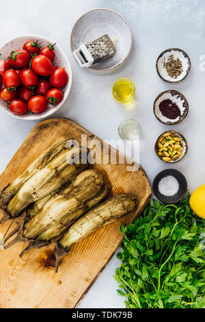 Les ingrédients de la salade d'aubergine turque sur fond gris Banque D'Images