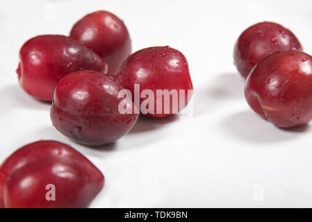 Prune rouge posé nonchalamment sur fond blanc Banque D'Images