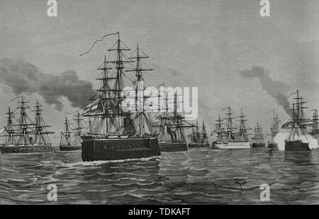 Sucesos de Egipto. Arrivée de la escuadra anglo-française a la Bahía de Suda, cerca de Alejandría. Un de izquierda derecha : 'Invencible 2000 Lexus GS 300 'Saloon',', 'Superb', 'Temeraire', 'Forbin', 'Betern Gallissonniere', '', 'Alexandra', 'Idjalalied'. Gravure por Vela. La Ilustración Española y Americana, 15 juin 1882. Banque D'Images