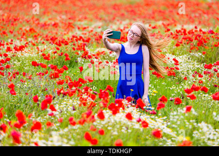 Jeune fille dans un champ de coquelicots, UK Banque D'Images