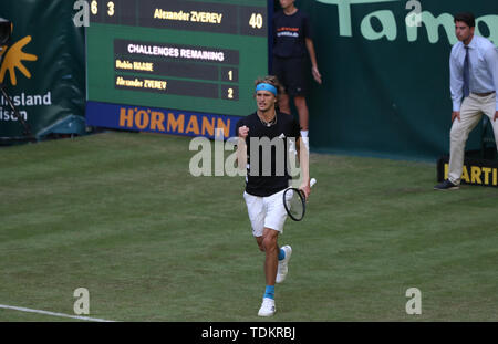 Halle, Allemagne. 17 Juin, 2019. Tennis : ATP-Tour des célibataires, des hommes, 1er tour, Haase (Pays-Bas) - Zverev (Allemagne). Alexander Zverev serre son poing. Credit : Friso Gentsch/dpa/Alamy Live News Banque D'Images