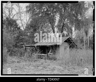 Vue oblique des côtés nord et ouest de la cabane, en face sud-est. - Clanton, maison côté sud de la route 84, à 0,2 km à l'est du bureau de poste de route, Stockton, Lanier Comté, GA Banque D'Images