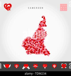 J'aime le Cameroun. Motif coeurs rouges et roses Carte vectorielle du Cameroun isolé sur fond gris. L'icône de l'amour ensemble. Illustration de Vecteur