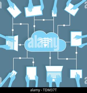 Cloud Computing Découpe Papier Appareils BYOD Wifi Connectivité réseau Internet concept, EPS10 regroupés et stratifiés Illustration de Vecteur