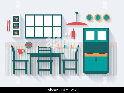 Salle à manger avec meubles et installations de longues ombres tous les articles regroupés séparément et facile à déplacer ou modifier Illustration de Vecteur