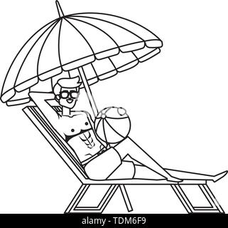 Jeune homme en chaise de plage avec parasol et jouet ballon Illustration de Vecteur