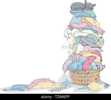 Grand tas de linge sale dans le panier à l'aide de Cat et Critters regroupés et stratifiés simples à modifier Illustration de Vecteur