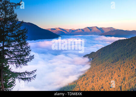 Au début de l'été, les nuages matin couvrir le lac de Kanas Lake et se propagent vers les montagnes. Banque D'Images