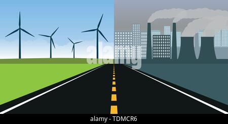 Route en direction de ville avec la pollution par l'industrie et la nature propre de l'énergie éolienne avec illustration vecteur EPS10 Illustration de Vecteur