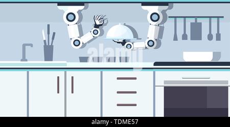 Pratique intelligente robot chef holding plateau de service la préparation des aliments technologie innovation assistant robotique intelligence artificielle concept cuisine moderne Illustration de Vecteur