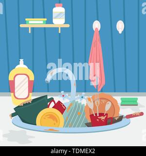 Évier de cuisine avec la vaisselle sale et sèche-serviettes. Travaux ménagers. Télévision cartoon style vector illustration Illustration de Vecteur