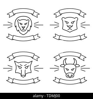 Ensemble d'icônes ou de logos avec des rubans, avec des espèces sauvages et les animaux de ferme. Illustration Vecteur de style linéaire. Illustration de Vecteur