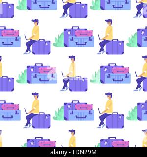 Modèle sans couture de différents types de bagages, bagages, valise sur fond blanc. Vector illustration style plat. Ensemble de voyage et tourisme ic Illustration de Vecteur