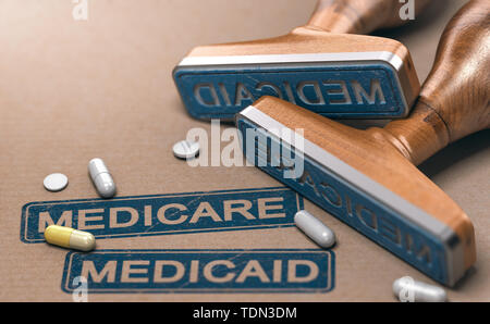 3D illustration de deux timbres en caoutchouc avec les mots et Mercicare sur fond de papier de Medicaid. Banque D'Images