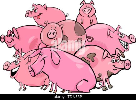 Cartoon Illustration de cochons heureux Groupe Caractères des animaux de ferme Illustration de Vecteur