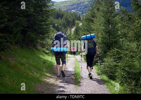 Aventure, Voyage, tourisme, randonnée pédestre et personnes concept - groupe d'amis à marcher avec des sacs à dos de l'arrière Banque D'Images