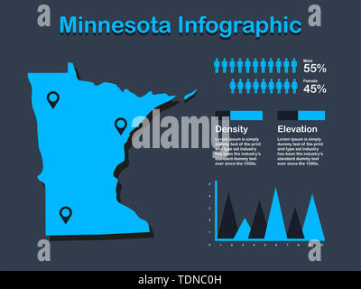 L'État du Minnesota (USA) Plan avec ensemble d'éléments en couleur bleu infographique en arrière-plan sombre. L'élément graphique de l'information modernes pour votre conception. Banque D'Images