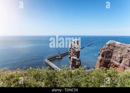 Pile de haute mer Lange Anna sur l'île de Helgoland, Allemagne entouré par les oiseaux en plein vol par beau jour d'été. Banque D'Images