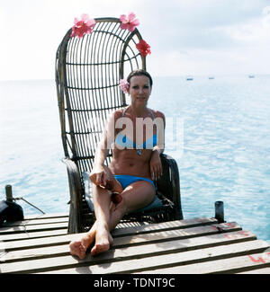 Fernsehmoderatorin Programmsprecherin, Die deutsche, Schauspielerin und guinée Miss Monde, Petra Schürmann posiert auf einem Bikini im Steg am Meer, ca. 1978. Le présentateur de la télévision allemande, l'animateur du programme, actrice et ancienne Miss Monde Petra Schürmann pose dans un bikini sur une jetée à la mer, ca. 1978. Banque D'Images