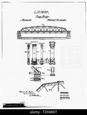 Photocopie de Charles H. Parkers (brevet original en possession de United States Patent Office) BREVET DE DESSIN C. H. PARKER TRUSS BRIDGE - Pont de la rue de l'Orme, enjambant la rivière Ottauquechee, Woodstock, comté de Windsor, VT ; Pont National et de fer ; de l'entreprise et de Woodstock Royalton Turnpike Company ; Raymond, William ; Raymond, Barna ; Marsh, Charles P ; Parker, Charles H ; Parker, un W ; Blodgett, William A ; Curry, Cadwallader ; Clement, Dan, émetteur ; Christianson, Justine, émetteur Banque D'Images