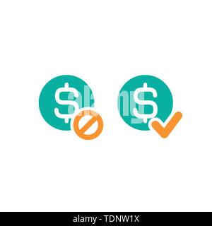 Deux icônes de l'argent. Les cercles bleu avec le symbole du dollar et d'un cercle orange avec tick et traversée du cercle. Icône d'une télévision. Isolé sur blanc. Payer signe. oui et non mais Illustration de Vecteur