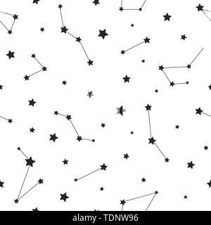 Motif transparent noir avec constellations et étoiles sur fond blanc. Vector illustration. Ciel de nuit, univers, l'espace. Arrière-plan de Galaxy. Cosmos t Illustration de Vecteur