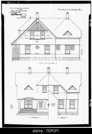 Photocopie de dessin (mesurée à partir de la première du bureau de district de la Garde côtière canadienne, John F. Kennedy Federal Building, Government Center, Boston, Massachusetts) Office de Tourisme de Light House Ingénieur, ca. 1890, l'AVANT ET ARRIÈRE, l'altitude de maison du gardien de phare de Portland - Portland, tête, environ 1-2 km à l'Est de Shore Road, Cape Elizabeth, comté de Cumberland, moi ; garde côtière des États-Unis ; Nichols, John ; Bryant, Jonathan, Longfellow, Henry Wadsworth, Dana, Sally, l'équipe de terrain ; Goiran, Philip, l'équipe de terrain ; Baldwin, Jennifer, émetteur ; Boucher, Jack E, photographe ; Kingsbury, Martha, historien ; Myers, Denys Pe Banque D'Images