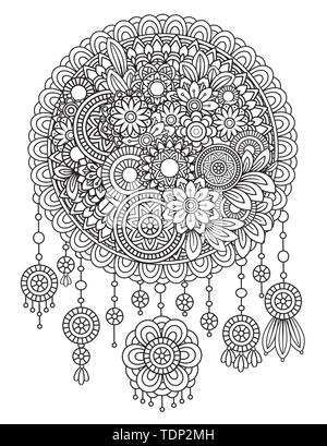 L'ult coloriage avec dreamcatcher floral. Noir et blanc fleurs doodle. Vector illustration art ligne Bouquet isolé sur fond blanc. L'élément de conception Illustration de Vecteur