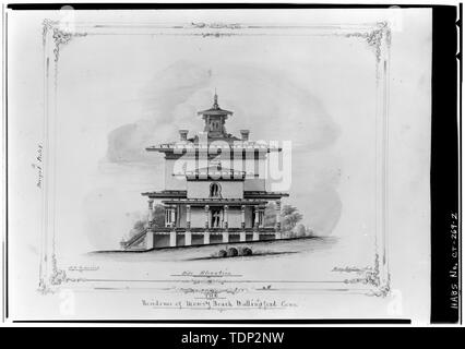 Photocopie de dimensions mesurées (dessin original en la possession de Beinecke Rare Books Library, Yale University) Henry Austin, architecte, 1850 ÉLÉVATION NORD-EST - Yale Moïse Beach House, 86, rue Principale Nord, Wallingford, comté de New Haven, CT Banque D'Images