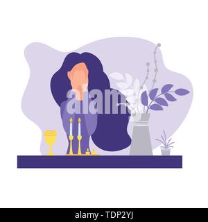 Femme juive allumant des bougies pour le Shabbat et dit la bénédiction. Une télévision moderne style. Isolé sur fond blanc. Vector illustration. Illustration de Vecteur