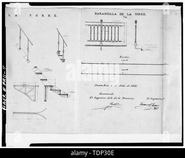 Photocopie de dimensions mesurées, ca. 1881 ; détails de la fonte, de la tour d'escalier, lanterne en fer forgé et d''un balcon balustrade - Faro de los Morillos de Cabo Rojo, Los Morillos de Cabo Rojo, Cabo Rojo, Cabo Rojo Municipio, communication ; département du commerce ; Commission ; phare central Sautter, Lemmonier, et Cie ; Murphy, Kevin, émetteur ; Morales, Luis, photographe ; Nistal-Moret, Benjamin, historien Banque D'Images