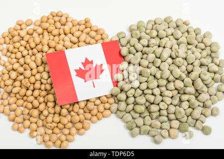 Drapeau du Canada avec des graines de soja séchées et des pois secs. Les producteurs canadiens ont rencontré des obstacles obstacles de biens agricoles entrée en Chine. Banque D'Images